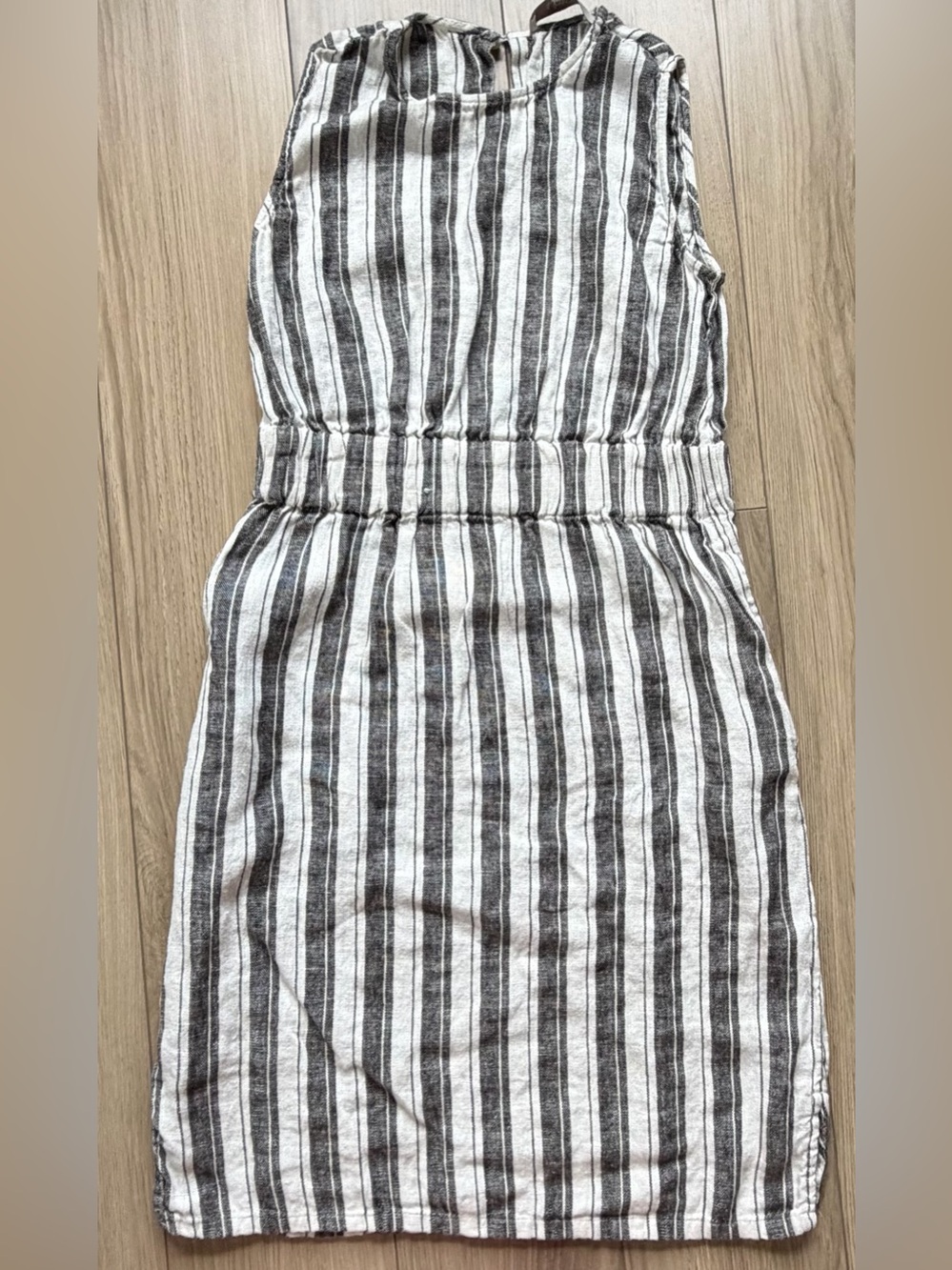 LOFT Linen Striped Sleeveless Waist-Defined Dress - Black & Tan Sz 0